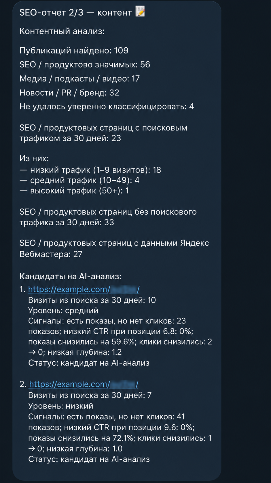 Рис. 9. Контентный отчёт: классификация публикаций и кандидаты на AI-анализ. URL обезличены.